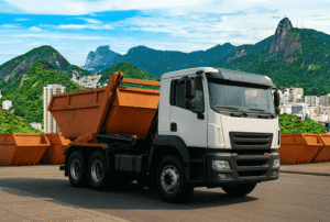 caminhão levando uma caçamba no rio de janeiro